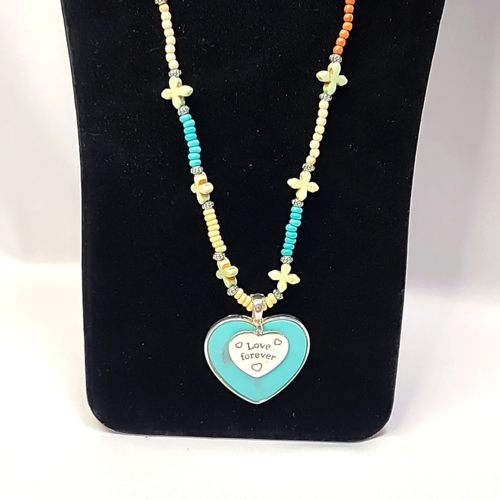 LOVE FOREVER Turquoise Color Heart Removable Pendant and Beaded Necklace